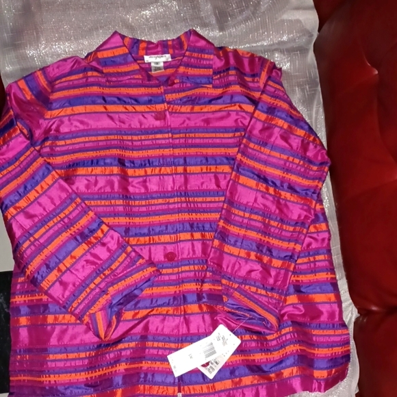 Easy Spirit Silk jacket, 1X, multicolor striped,  button down, long sleeve - Picture 1 of 3